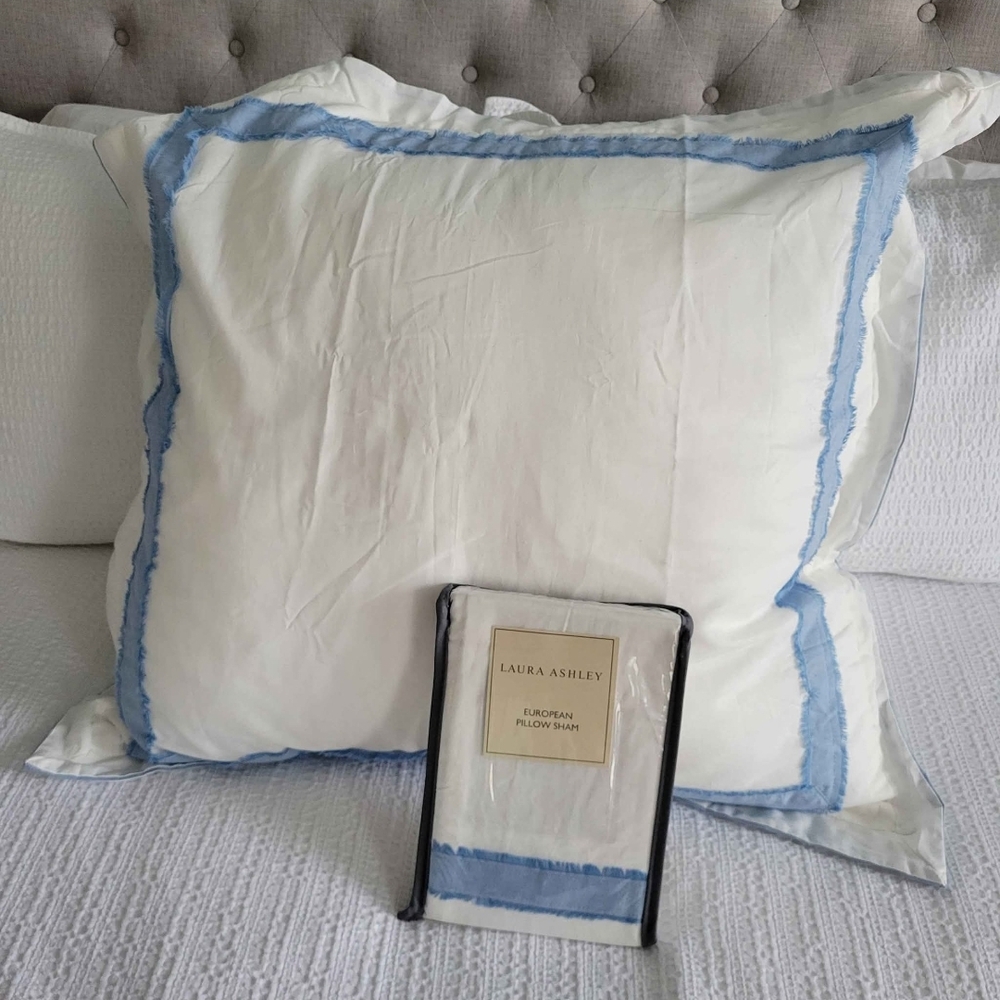 Laura Ashley White Pillow with Blue Trim